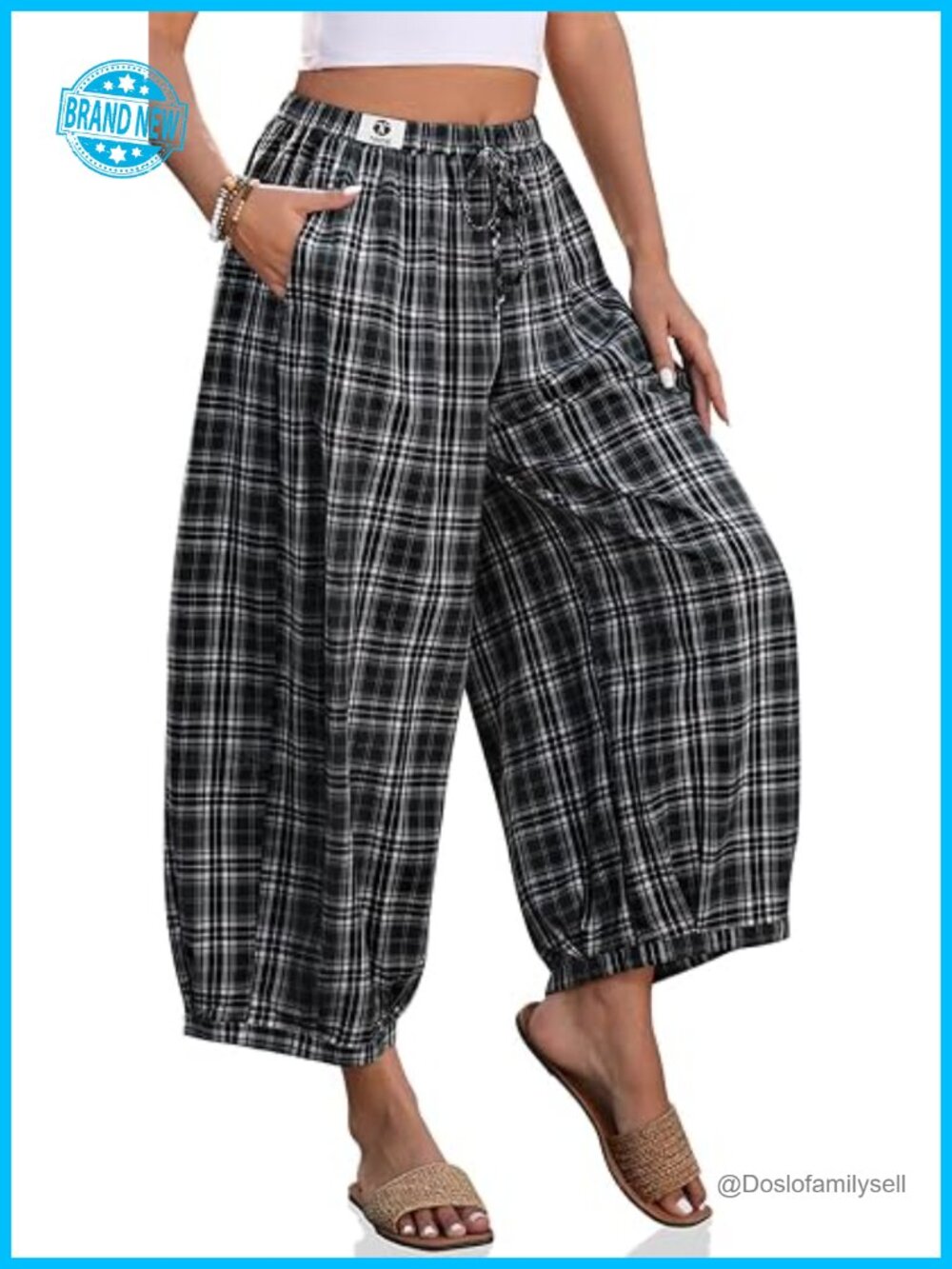 Cotton Linen Wide Leg Harem Pants with Pockets